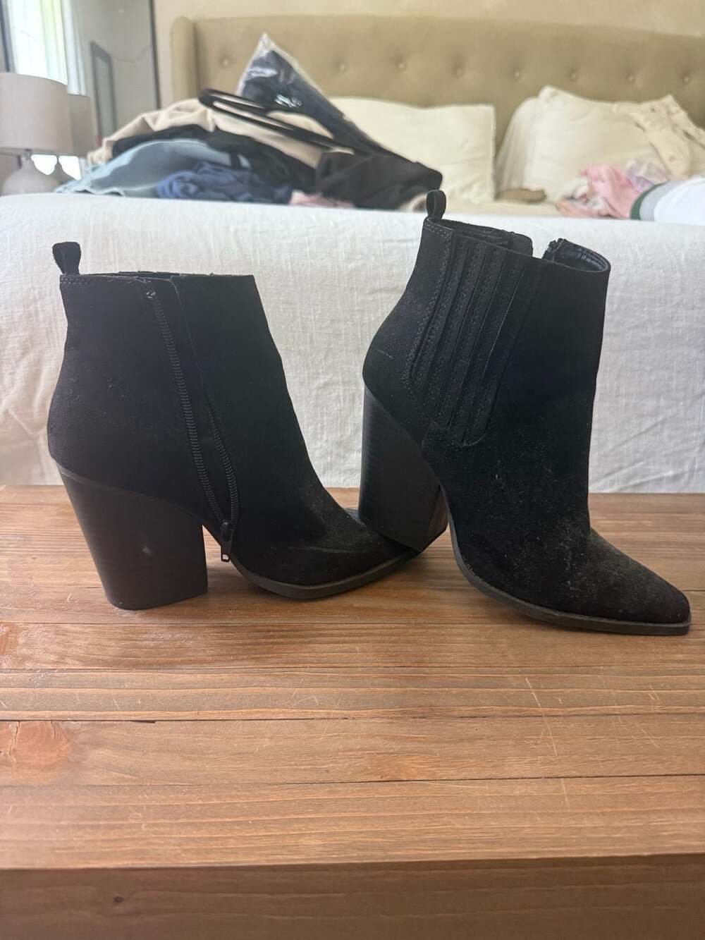 Qupid Black Faux Suede Pointed Toe Block Heel Ankle Boots
